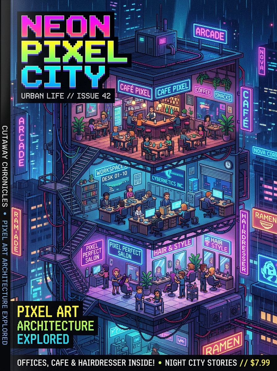 Fabulous large print like pixel art building interior seen through cut through shot of offices and cafe, hairdressers. Print art like glossy magazine cover style shot. With Cinematic, neon lit dark background.