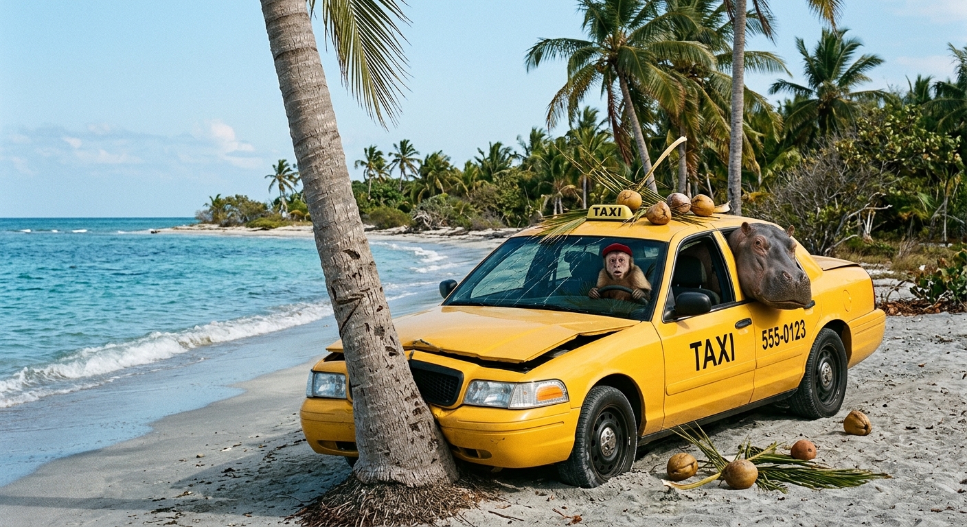 A taxi crashed into a coconut tree with a monkey and a hippo sat in it with the monkey in the drivers seat on a desert island. the sea lapping the shore of the island.