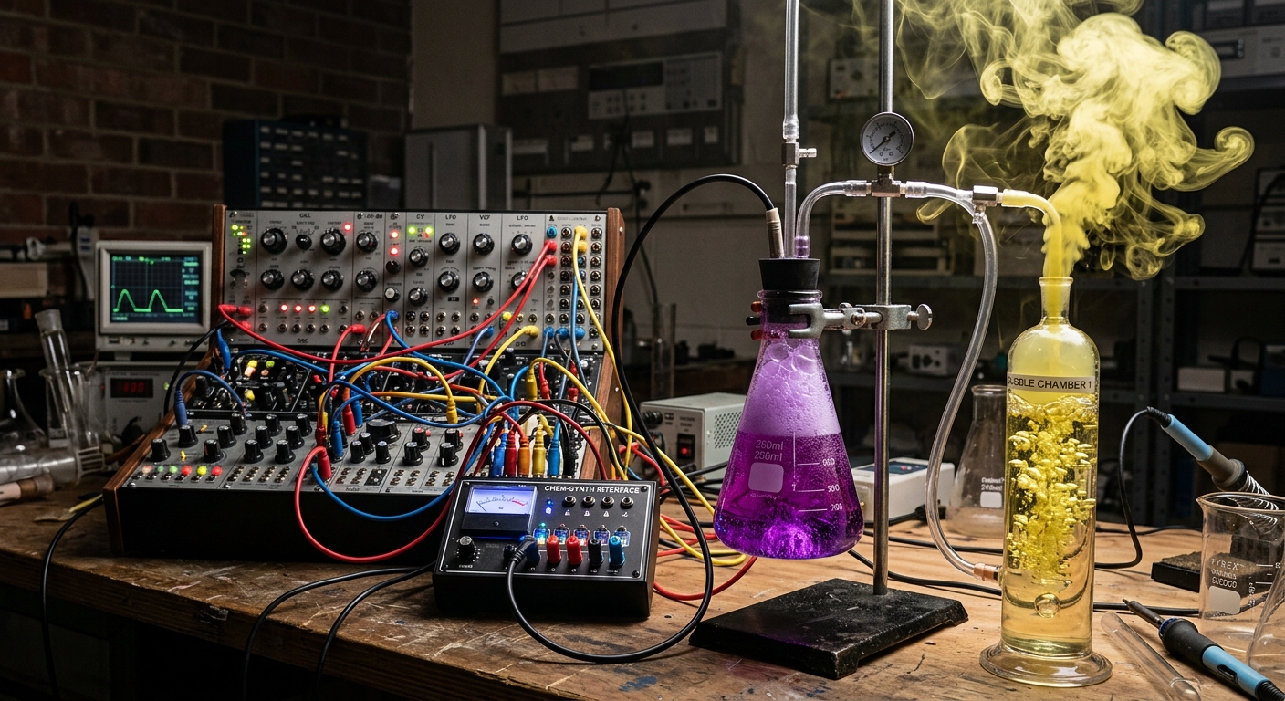 Synthesizer wired up to a conical flask thats bubbling a purple liquid and plumbed up to yellow smoke coming out of a bubble chamber