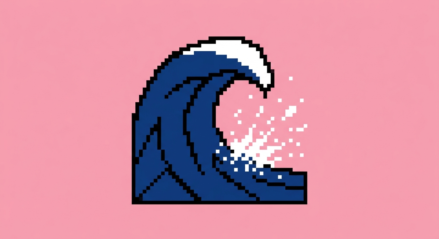 A minimalist 8-bit retro video game icon of a sharp, jagged ocean wave cresting and crashing. The wave is solid deep navy blue with a white foam tip and a thick black outline. Tiny square white pixel droplets and geometric sea spray shards burst out from the point of impact. Flat solid pastel pink background, sharp lines, clean vector-style pixel art.