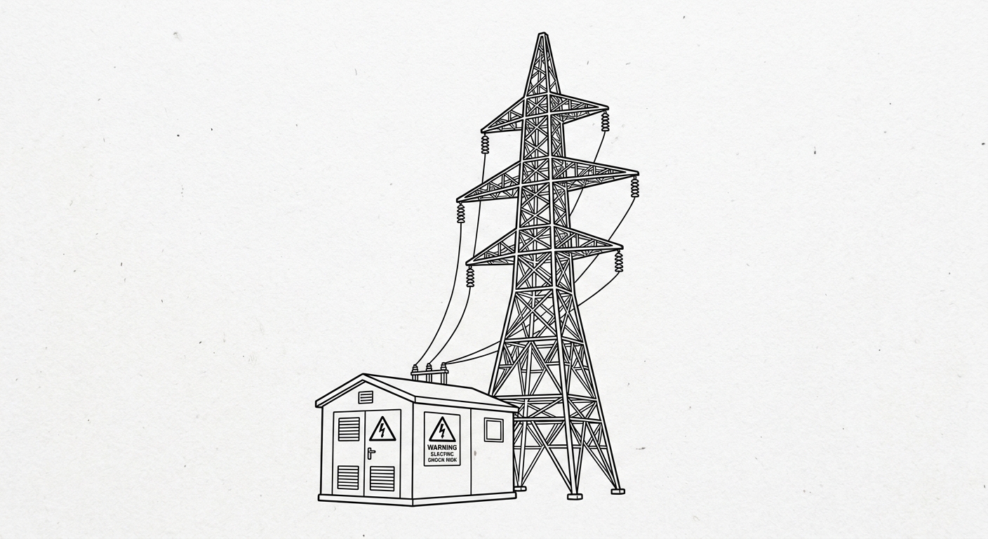 Black outline of electricity pylon on white background.. printed with ventilated building and the electric shock warning sign.