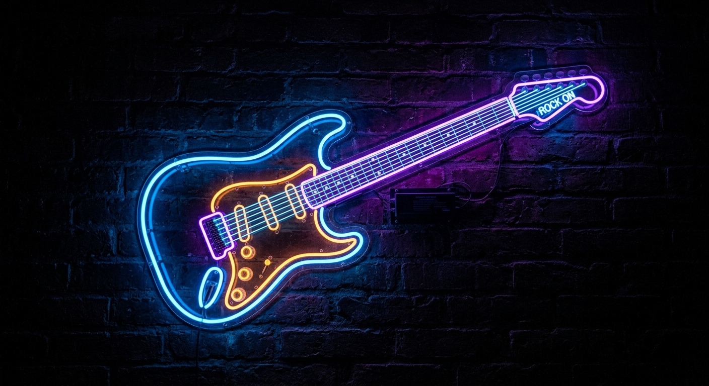 Neon light electric guitar on a dark high contrast background