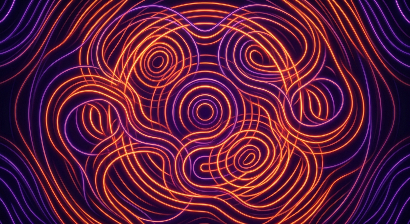 Modern graphic design illustration, concentric line art, interlocking fluid wavy neon tubes, glowing orange and deep violet gradient palette, dark background, sharp focus, digital abstract art, premium wallpaper aesthetic.