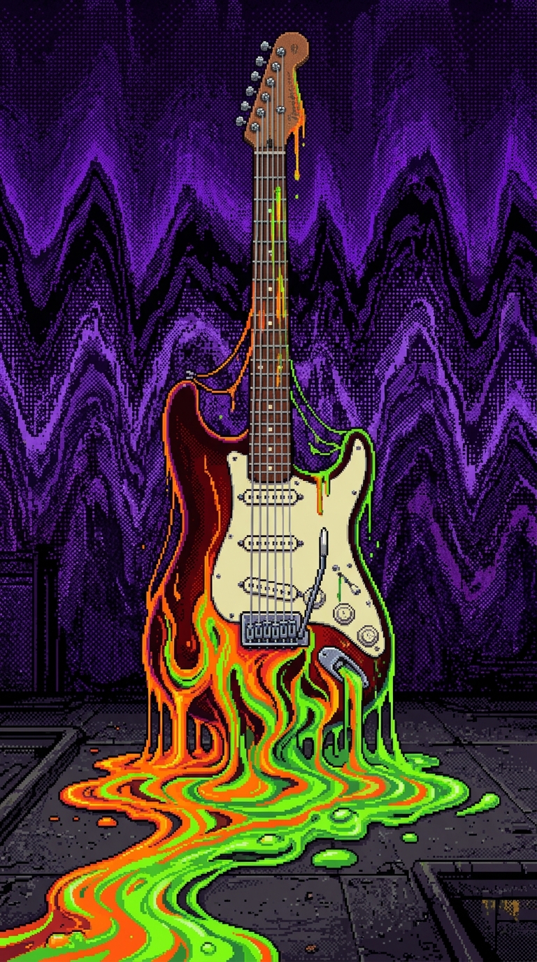 A vertical shot of a classic electric guitar body standing upright, but the wood and strings are liquefying. The guitar body is melting into a thick, gooey puddle of neon orange and toxic green paint that drips off the bottom of the screen. The background features textured, dithered waves of purple sound distortion. 32-bit pixel art, fine pixel clusters, heavy checkerboard dithering, industrial music aesthetic.