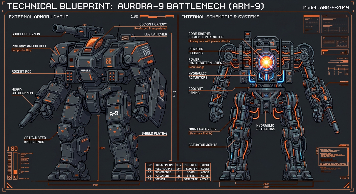 An industrial engineering blueprint of a massive bipedal mech suit. Left side shows the outer armor plating; right side shows an exposed mechanical skeleton with gears, hydraulic tubes, and a glowing core engine. Charcoal grey background with vibrant neon orange and white vector-style lines, a detailed bill of materials on the side. 32-bit pixel art style, technical schematic aesthetic, ultra-sharp details.