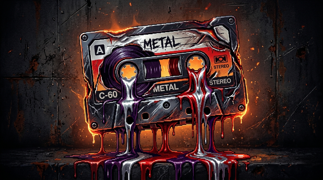 16-bit pixel art cassette tape melting. Metallic silver, blood red, and deep purple paint oozing and dripping from the tape reels. Dark background, gritty texture, heavy metal album cover, cinematic lighting, crisp blocky pixels, chrome highlights, no text