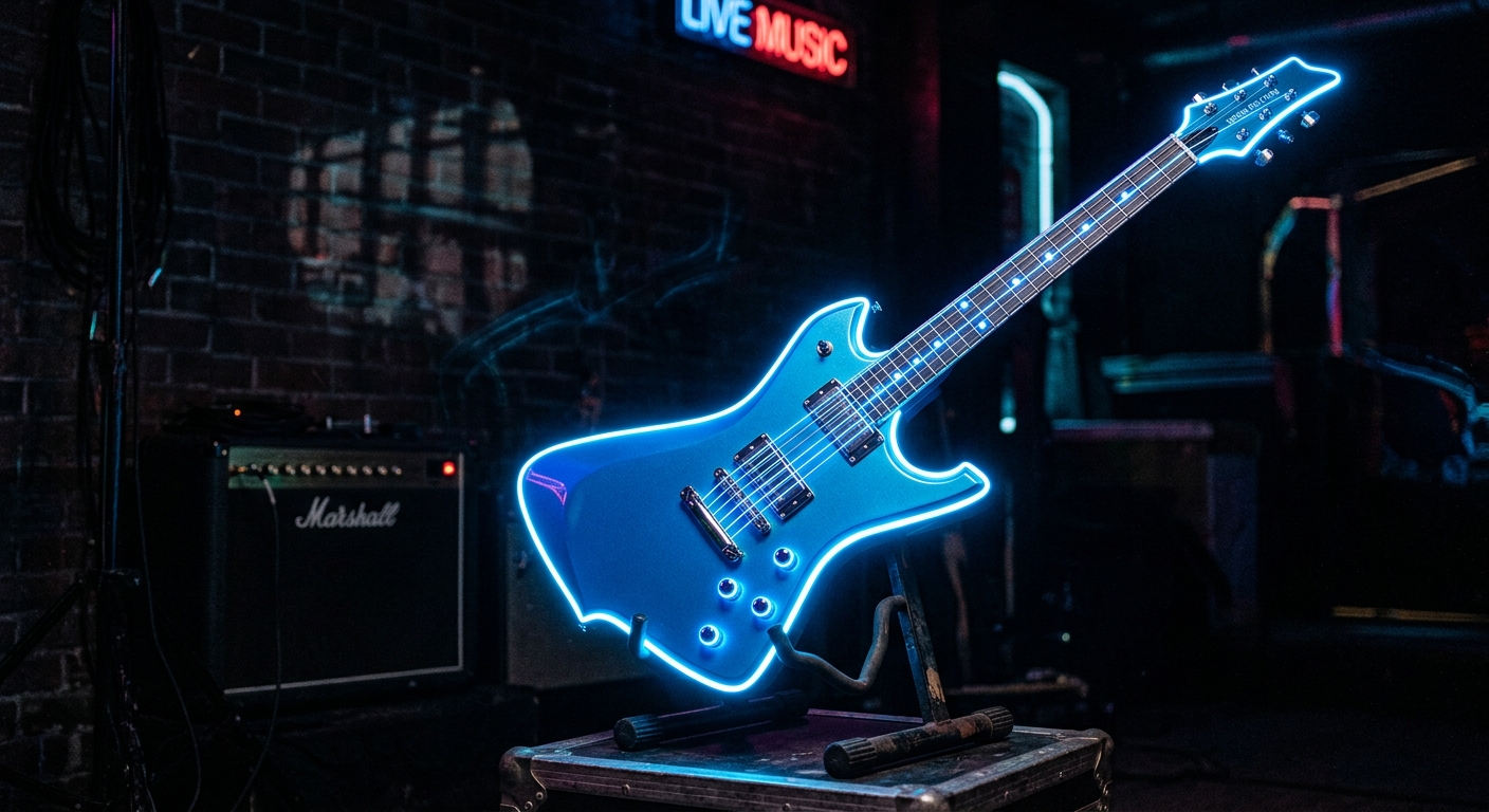 Neon lit electric blue electric guitar on dark high contrast background