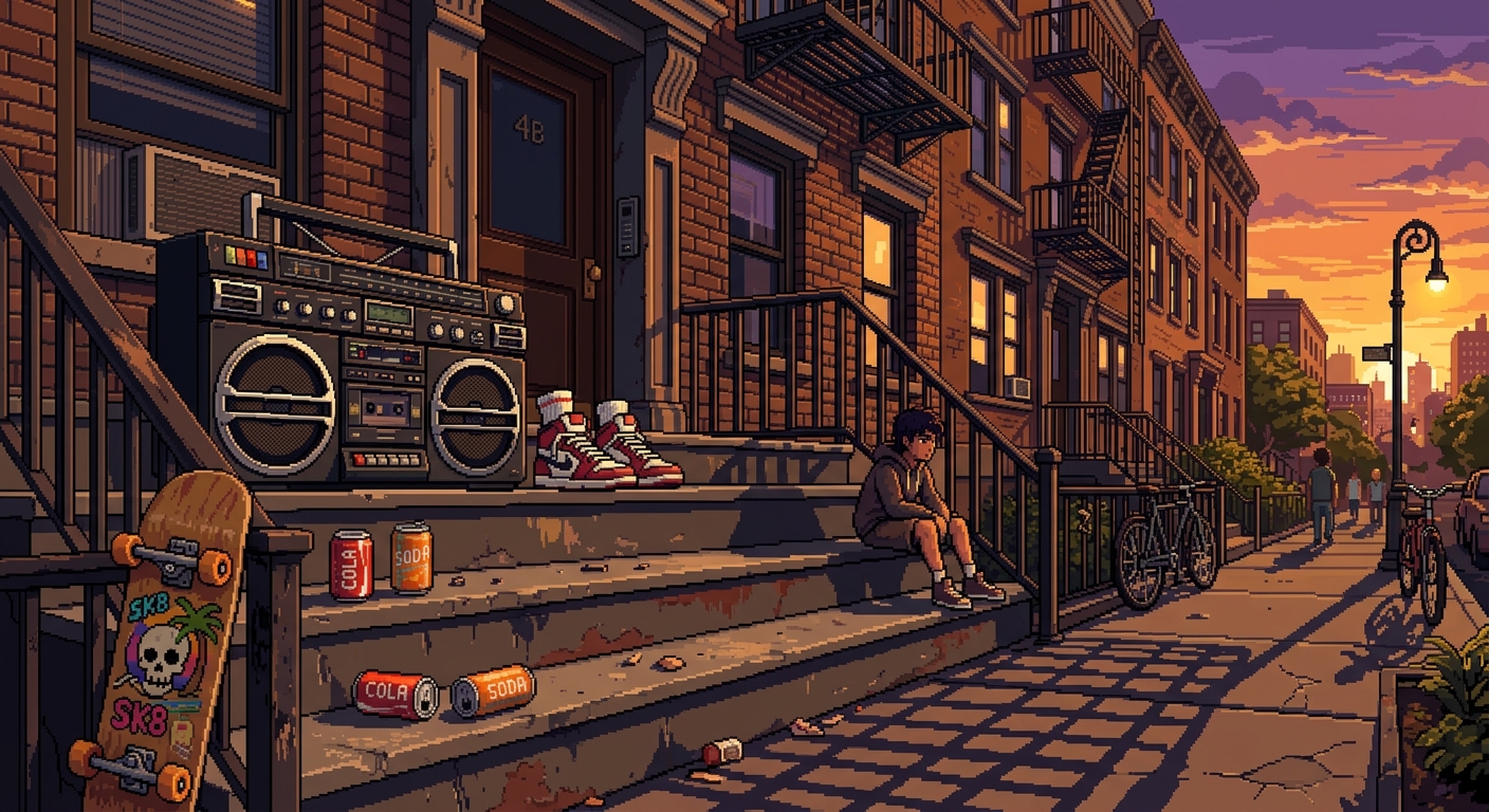 A side-scrolling view of a concrete brownstone apartment stoop at sunset. A massive, classic silver boombox stereo sits on the top step, surrounded by a pair of chunky retro high-top sneakers, a skateboard leaning against the railing, and empty soda cans. Warm golden hour light casts long shadows across the pavement. 32-bit pixel art, detailed brick textures, warm amber and violet tones, relaxed nostalgic vibe.