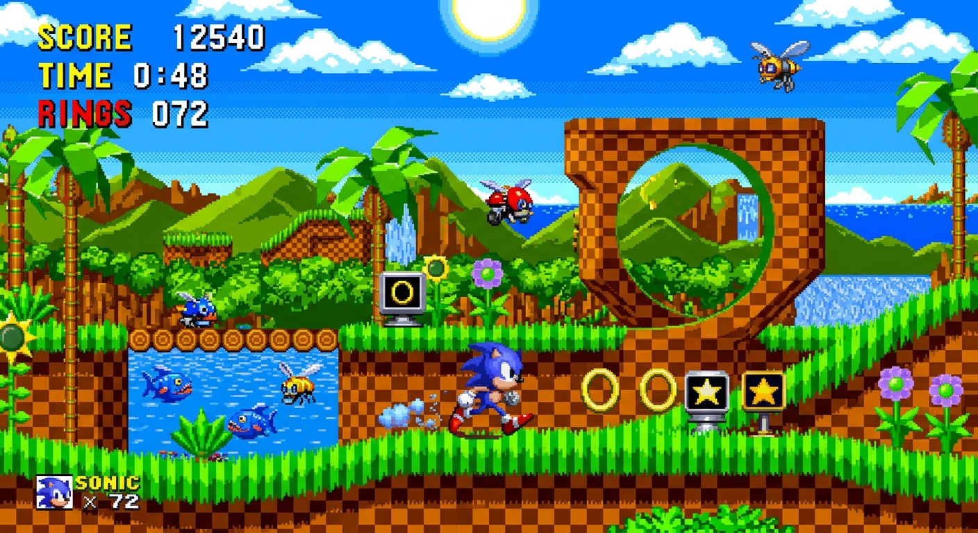 Sonic, green hill level. Pixel art