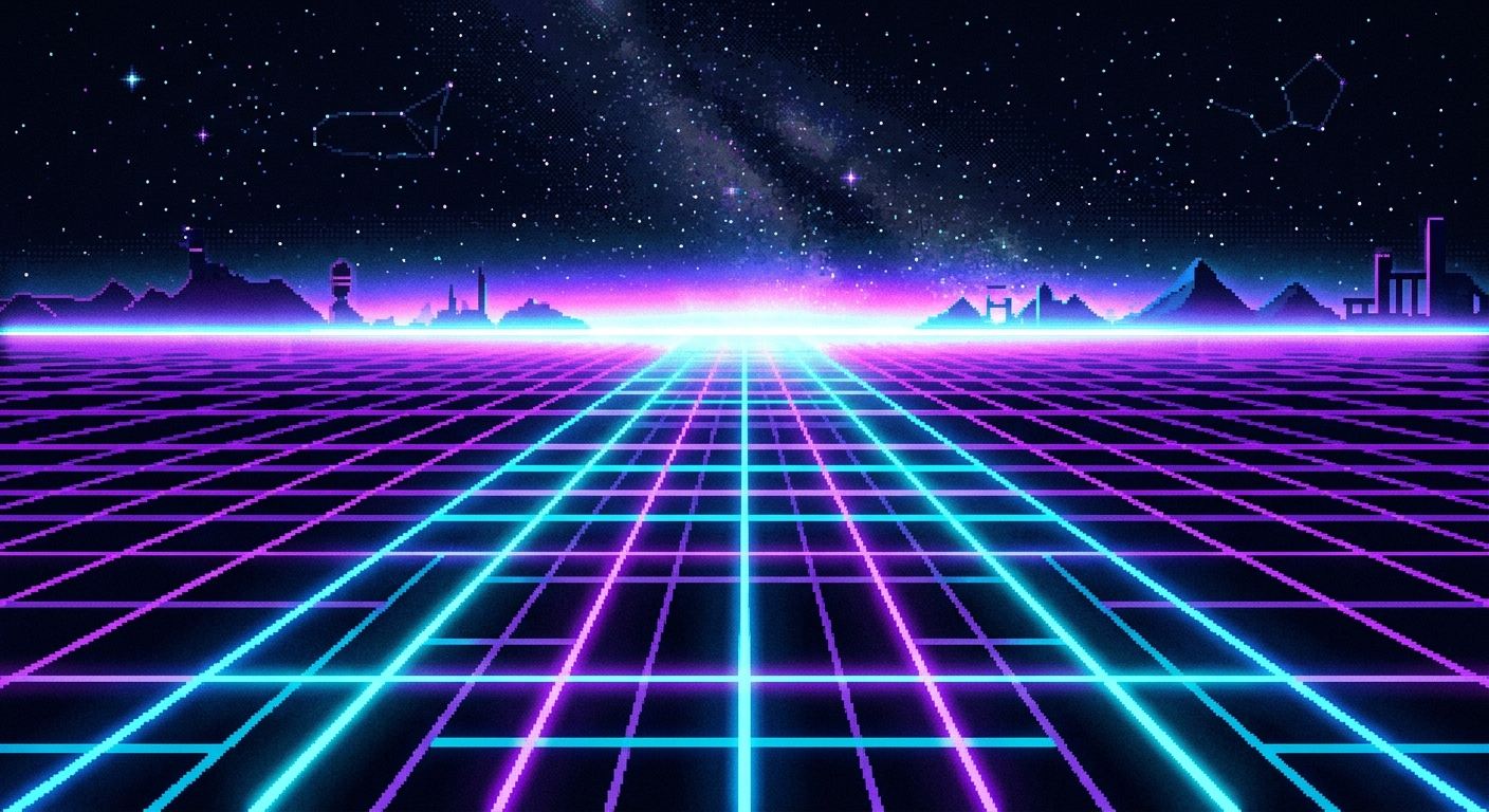An abstract pixel art grid stretching toward a glowing horizon. Vibrant neon cyan and violet colors, dark starry sky background, simple retro geometric design.