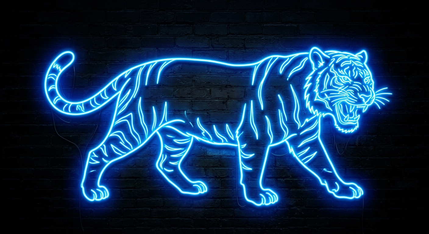 Electronic Neon outline of a tiger in blue with high contrast dark background Electric blue