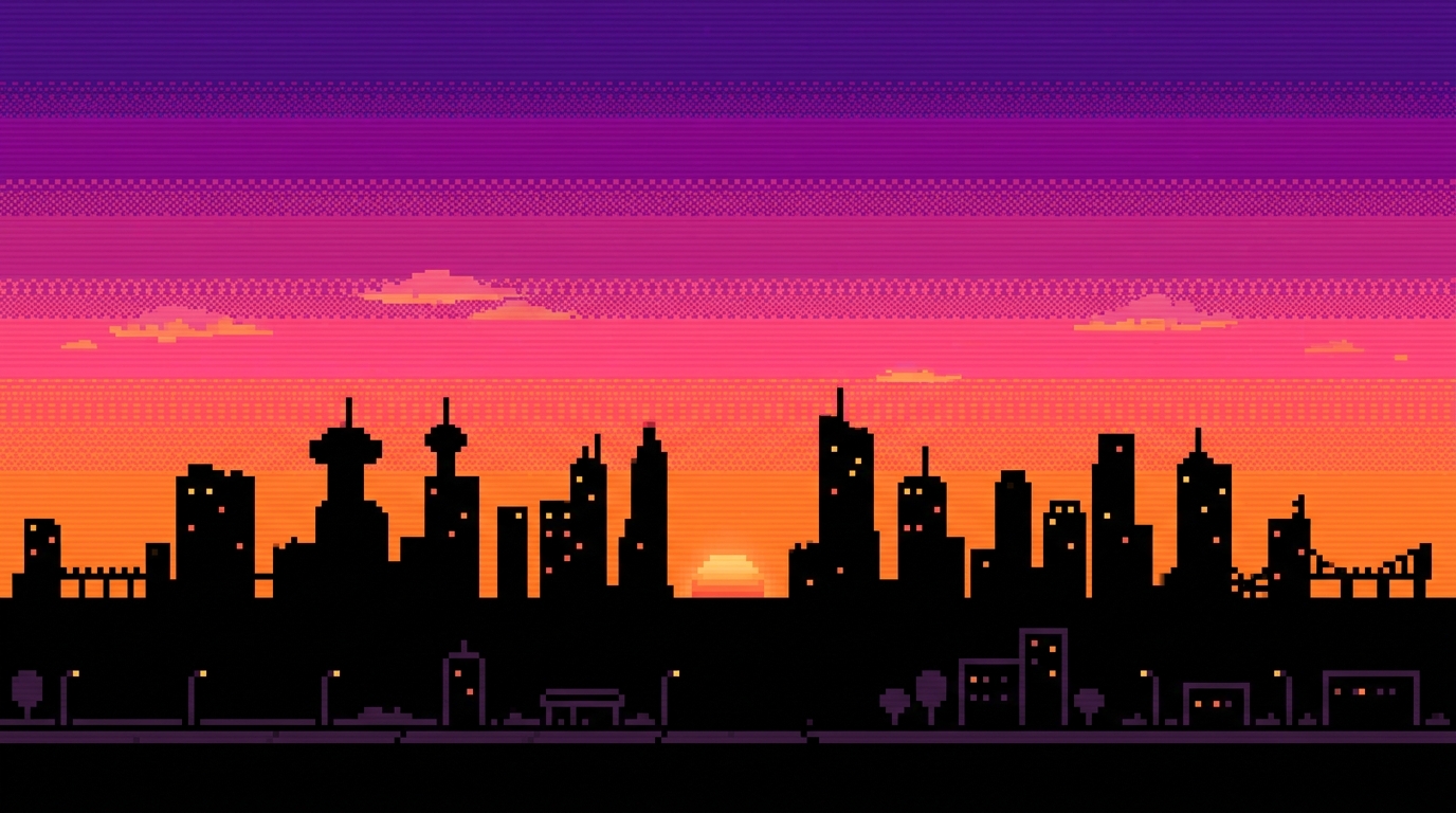 A minimalist 16-bit retro pixel art landscape of a city skyline at sunset. Vibrant purple, pink, and orange sky, simple black silhouettes of buildings.