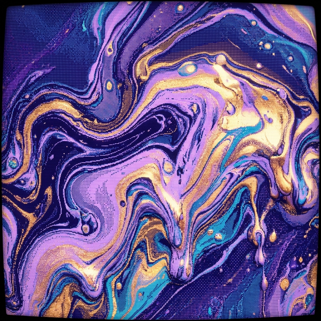 Abstract macro pixel art inspired by ambient music. Oil-and-water marbling effect in deep indigo, lavender, and shimmering gold, reimagined as melting paint waves. 64-bit dithering, rich textured layers, slow drip motion frozen, dreamlike album art layout, CRT glow