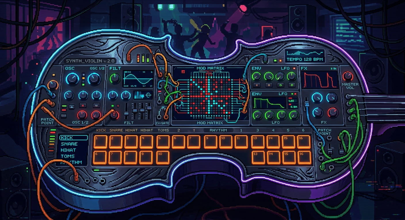 A sleek, futuristic modular synthesizer interface fused with organic curves, 16-bit pixel art style. The sleek layout features glowing neon dials, pulsing matrix grids, and patch cables that loop like organic vines. The overall shape of the console subtly mimics the elegant curve of a violin and the layout of a drum machine. Dark chrome textures, sharp neon accents, subtle VHS glitch tracking, minimalist layout, industrial techno club aesthetic.