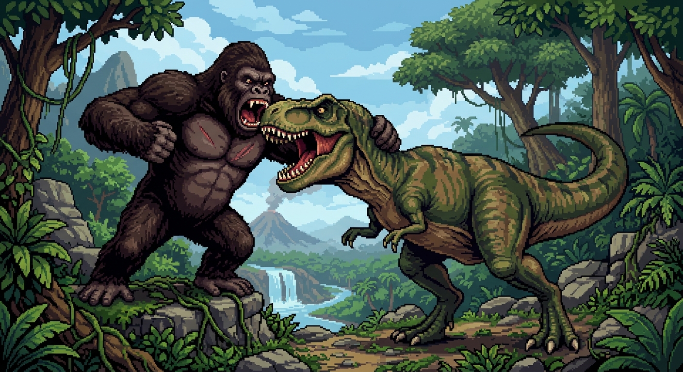 king kong vs T-rex pixel art