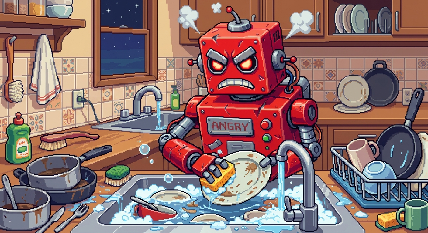 angry red robot doing washing up pixel art