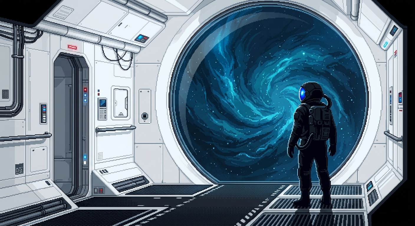 A cross-section view of a minimalist, white-walled spaceship corridor looking out through a massive circular observation window into a swirling blue nebula void. A lone astronaut silhouette stands before the glass, their helmet visor catching a sharp blue reflection. 64-bit cinematic pixel art style, stark lighting contrasts, hyper-clean pixel clusters, atmospheric cosmic dust layers.