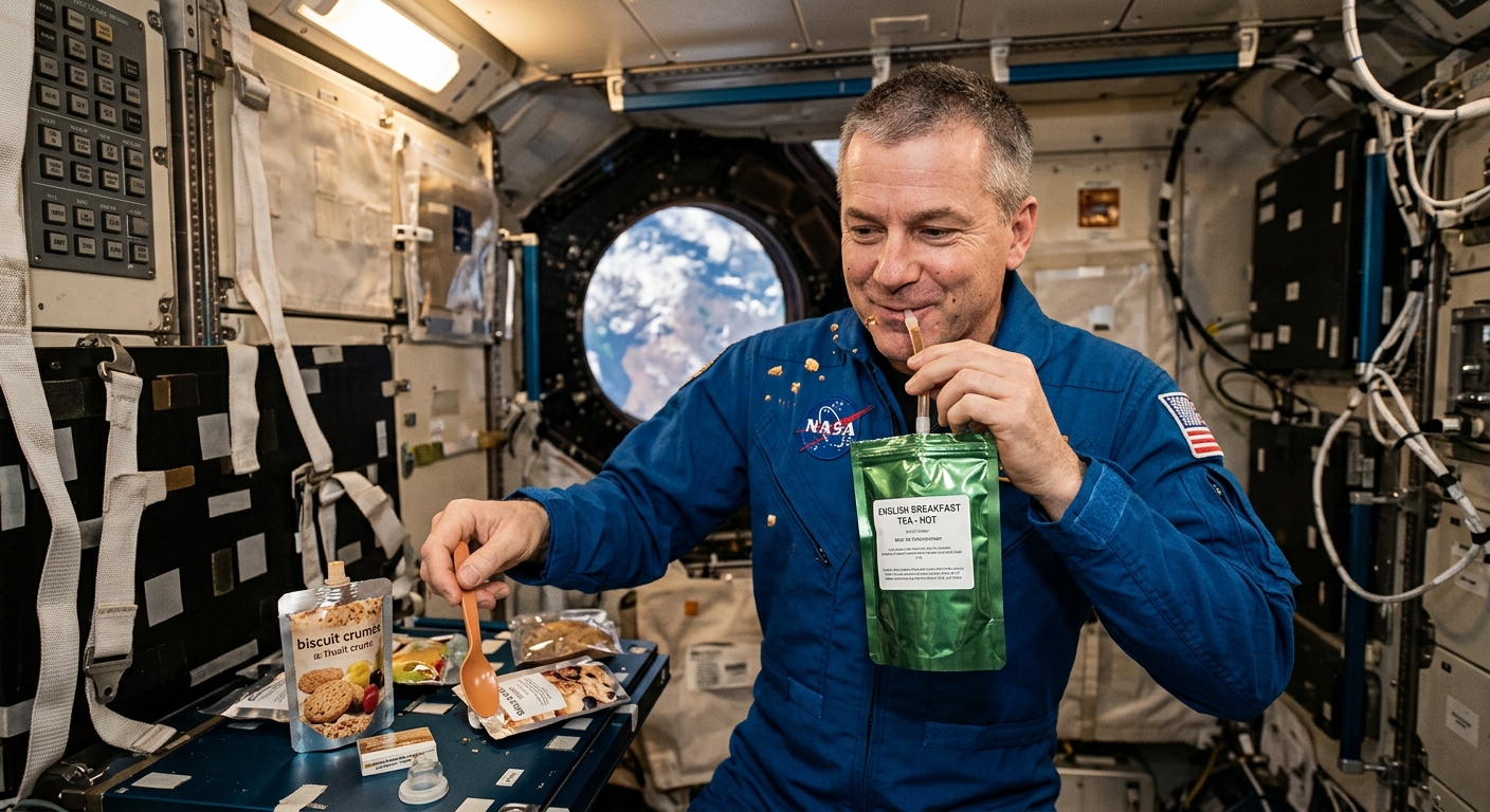 an astronaut eating his tea