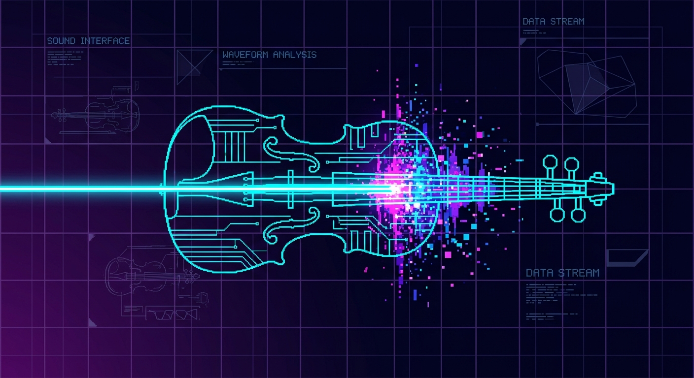 Minimalist futuristic techno violin interface, retro 16-bit vector pixel art. A crisp, glowing neon-cyan outline of a violin floating in empty space. The bow is a sharp, solid horizontal laser beam piercing through the body, causing exploding particles of light and pixel noise at the point of contact. The background is a clean, dark grid with deep violet gradients. Abstract geometry, cyberpunk tech schematic, highly detailed line art, sophisticated electronic music style.