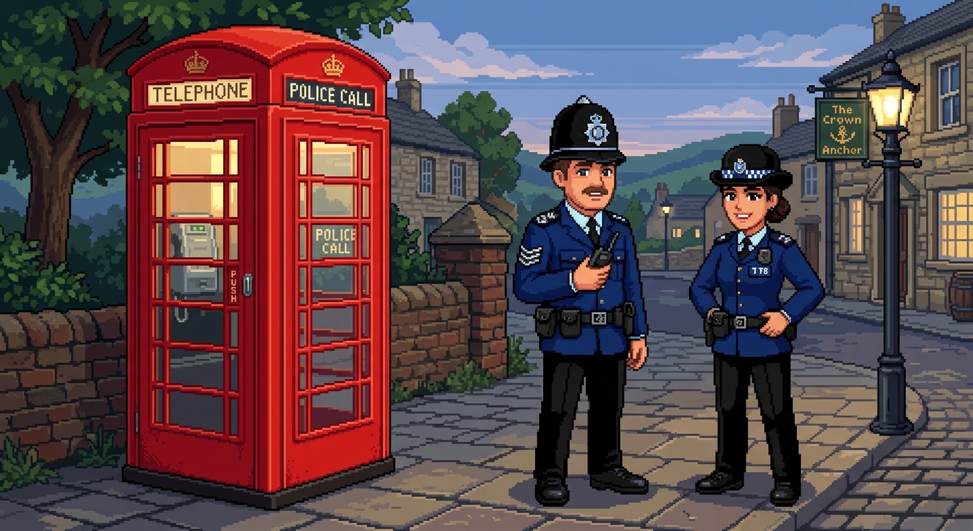 Pixel art of a British Policeman with hat on and Police Lady next to an old red phonebox