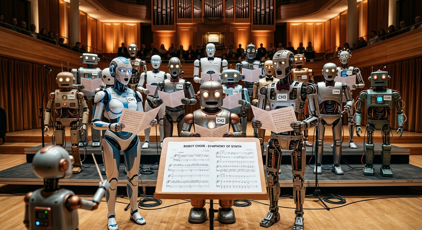 A choir of different types of robots singing along together following some sheet music