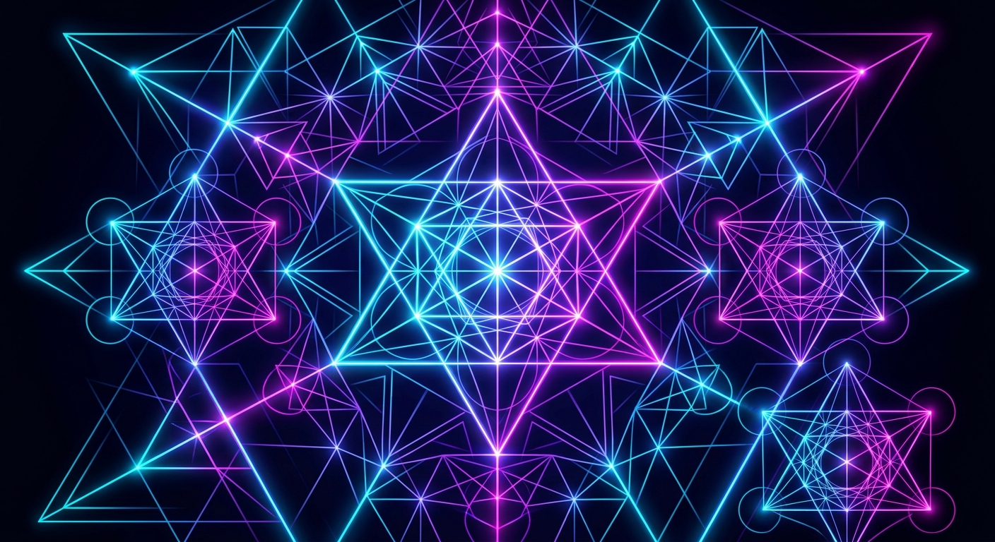 Abstract vector illustration of sacred geometry. A matrix of overlapping neon triangles and hexagons creating a complex digital grid. Bright glowing line art with smooth gradient transitions from deep cyan to electric magenta, clean vector aesthetics, ultra-minimalist dark backdrop, sharp focal points.