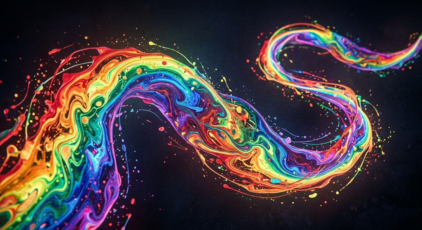 Filtered rainbow coloured light sprawling out with marbling paint like splashes and sprawls making a continuous ribbon like sprawl.