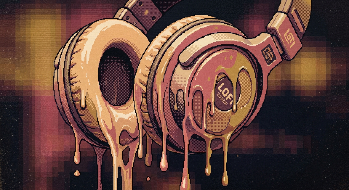 Abstract pixel art macro shot of over-ear headphones, 32-bit arcade style. Filled with slow dripping non-Newtonian paint in warm beige, dusty rose, and muted gold. Subtle VHS scanlines, grainy texture, cozy lo-fi album art, soft ambient lighting, intricate dithering