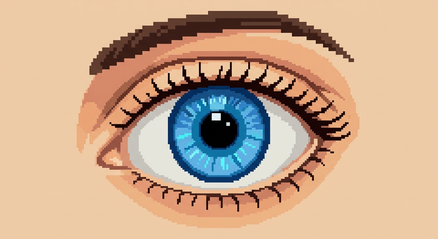 Pixel art of an blue eye with eyelid open on a plain background