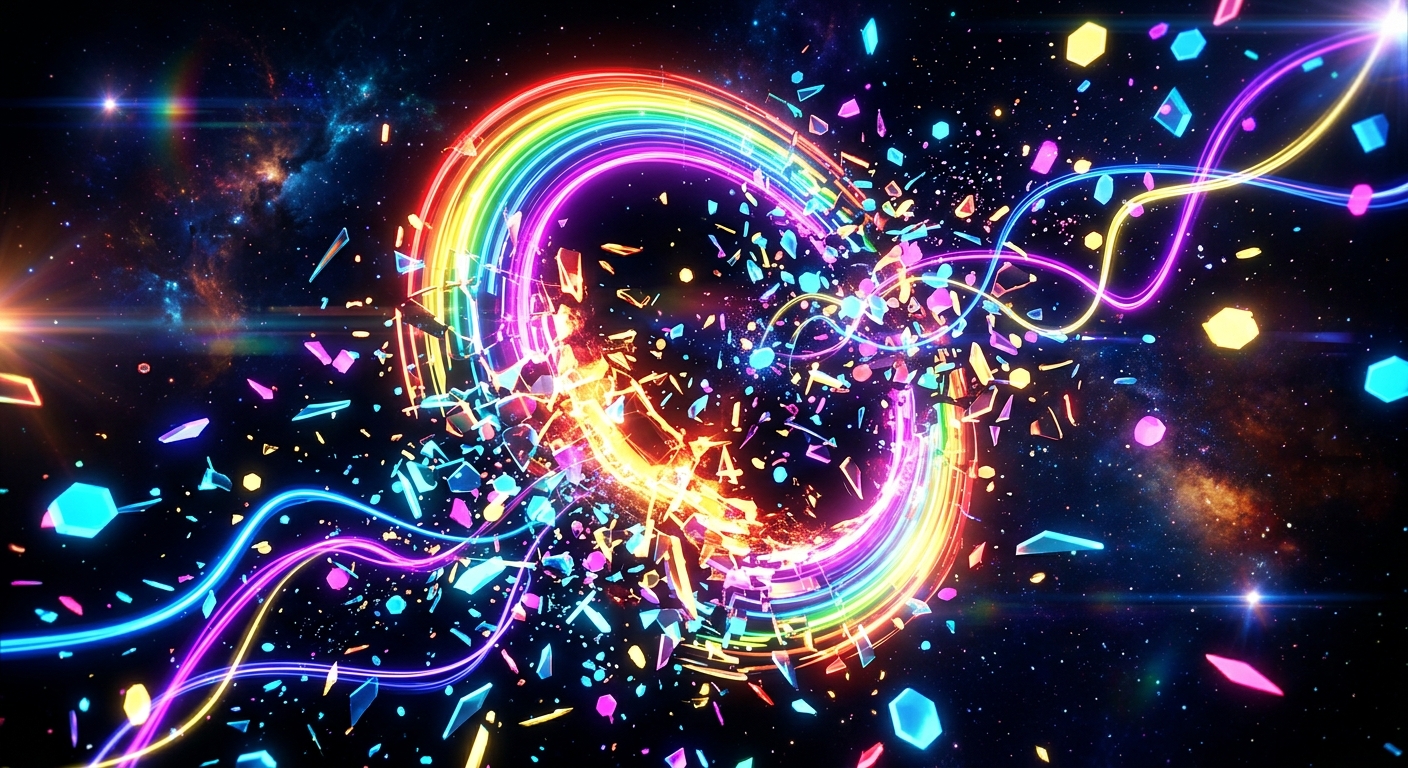Abstract digital art of a massive glowing rainbow energy ring disintegrating into thousands of tiny sharp geometric shards and hexagonal voxels. Fluid neon tendrils snake through the floating debris field. Deep black background filled with distant nebulae and lens flares, hyper-detailed cyberpunk disintegration effect.