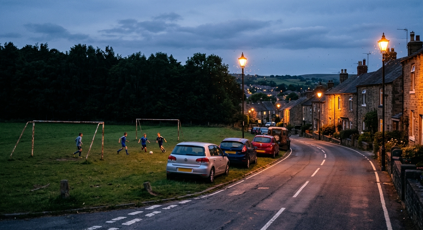 A quiet Yorkshire street at dusk with orange street lighting glowing with flies and bugs flying in the glow. Cars parked staggered at the side of a field with bent goal posts and children playing with a ball. The road dipping down towards the right and lined with houses on the right with a woodland silhouette on the left after the playing field. White lines in the centre of the road visible.