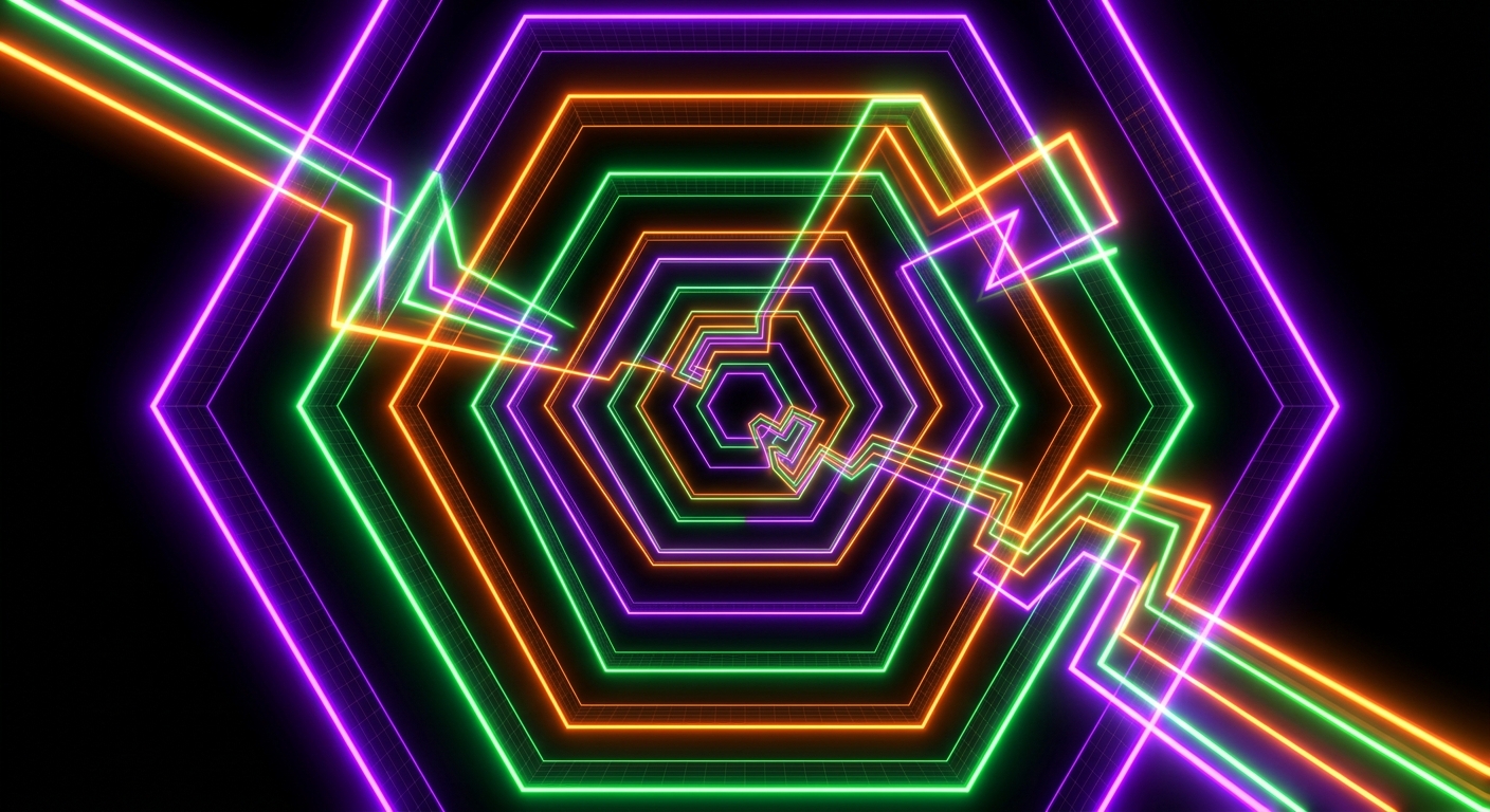 A sharp, continuous angular neon ribbon bending tightly at 60 and 90-degree angles, threading through concentric geometric hexagon outlines. High-contrast neon purple, green, and orange color palette, intense glow effect against a pure black background, sci-fi techno user interface element.