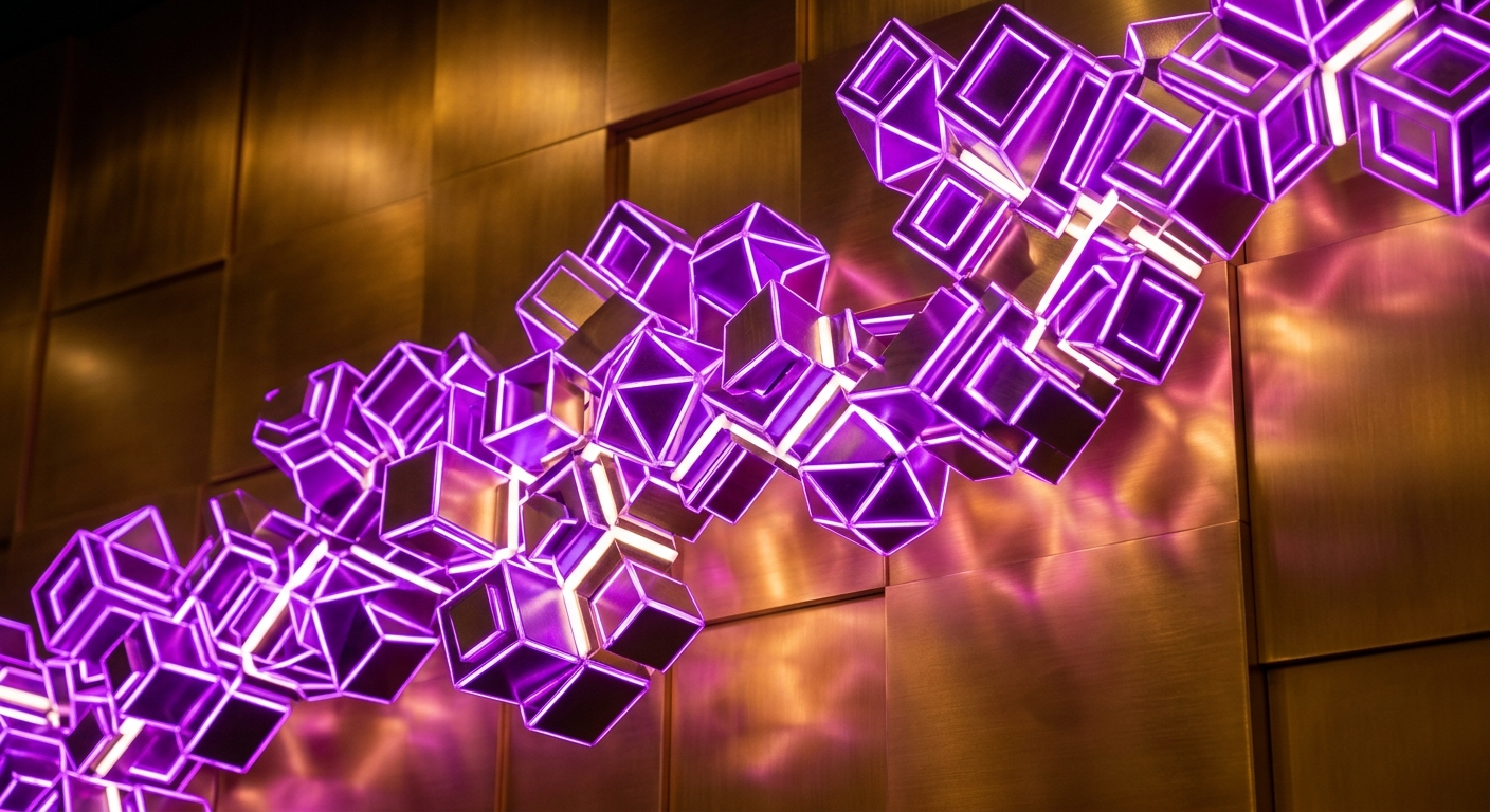 Neon lit Interlocking geometric blocks, purple 3D connecting in unison on a gold background.