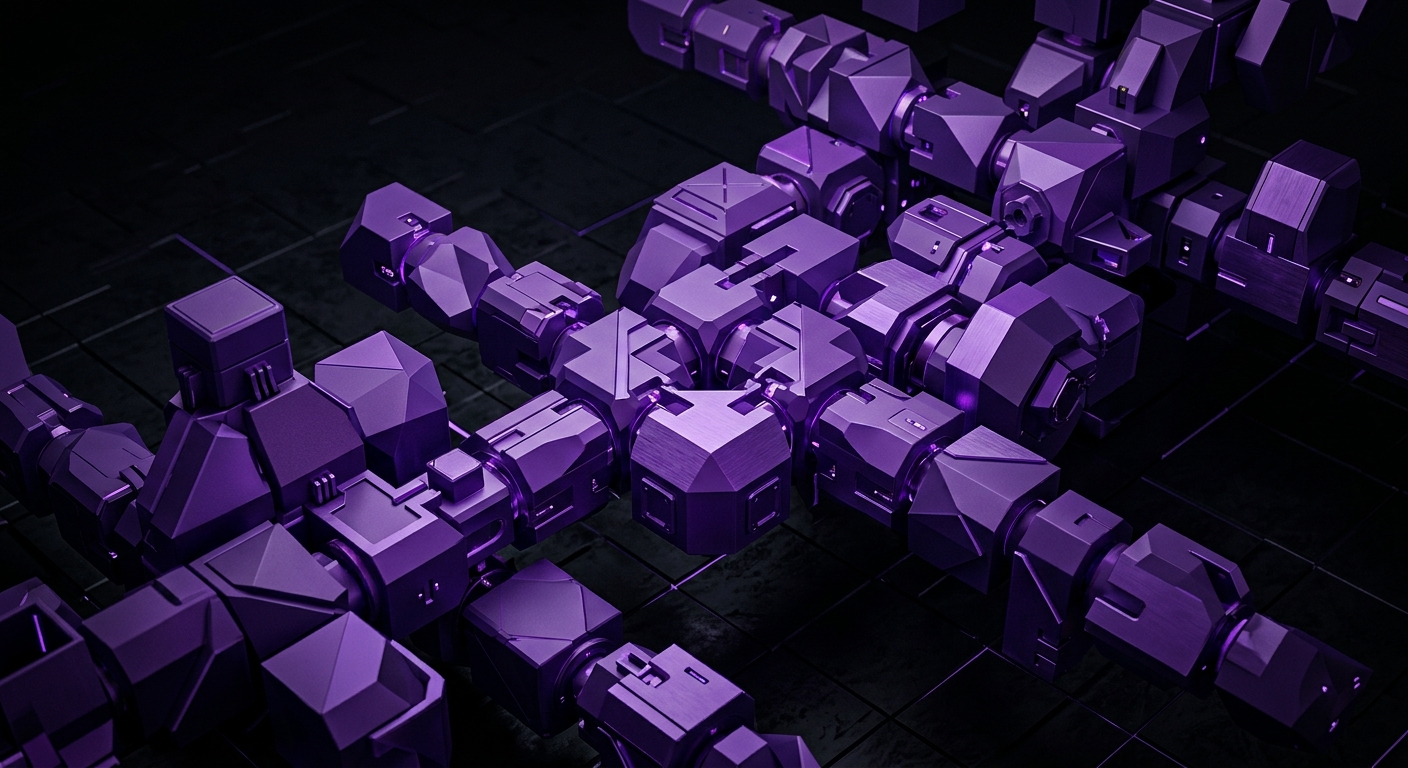“Interlocking geometric blocks, purple 3D connecting in unison.” on a dark high contrast background.