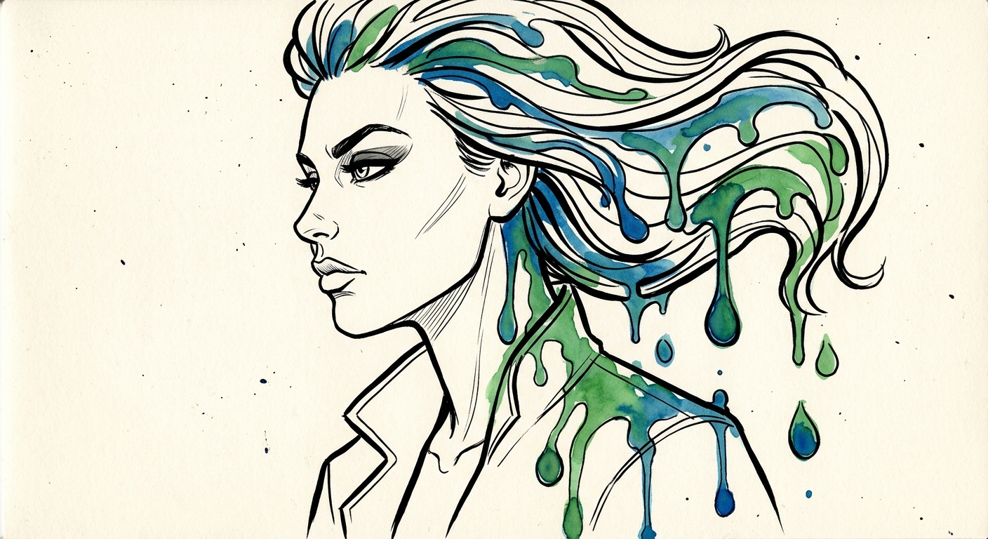 Outline of a lady with strong make-up and green and blue multicoloured hair dripping and oozing.