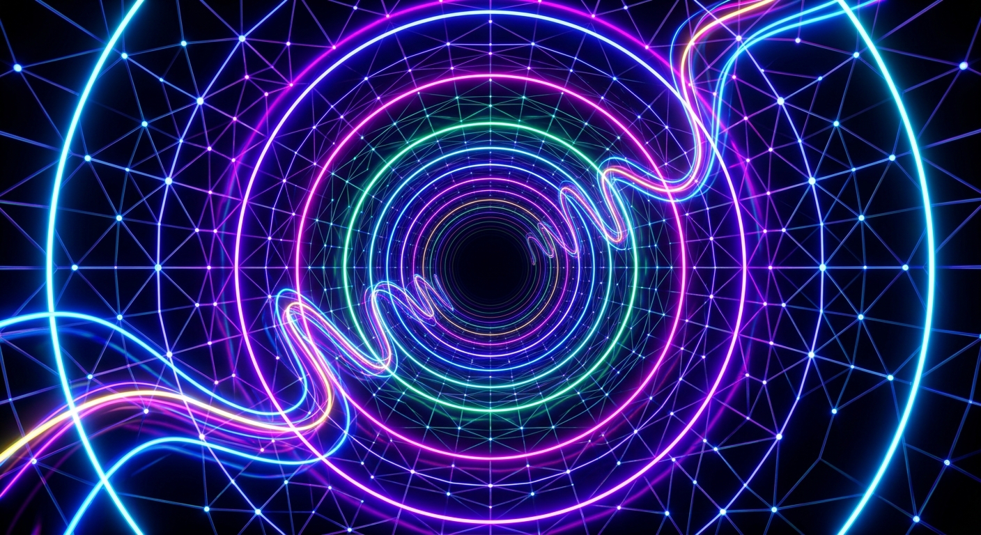 concentric circles with neon glow. interconnected nodes with receding tunnel layout with precise geometric grid. High contrast dark background with continuous neon ribbon bending tightly.