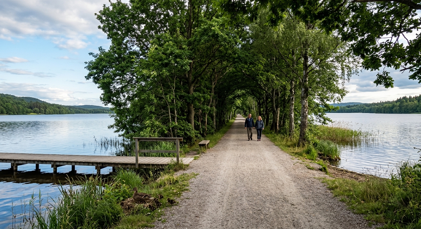 Really long straight path that goes alongside a lake, with trees on the left handside arching over the path. A couple are visible walking half way along and a jetti extends into the lake on the left with grass growing and ducks nesting.