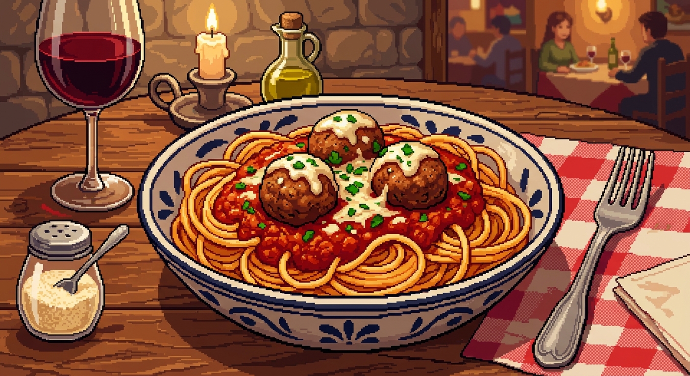 Spaghetti and meatballs pixel art