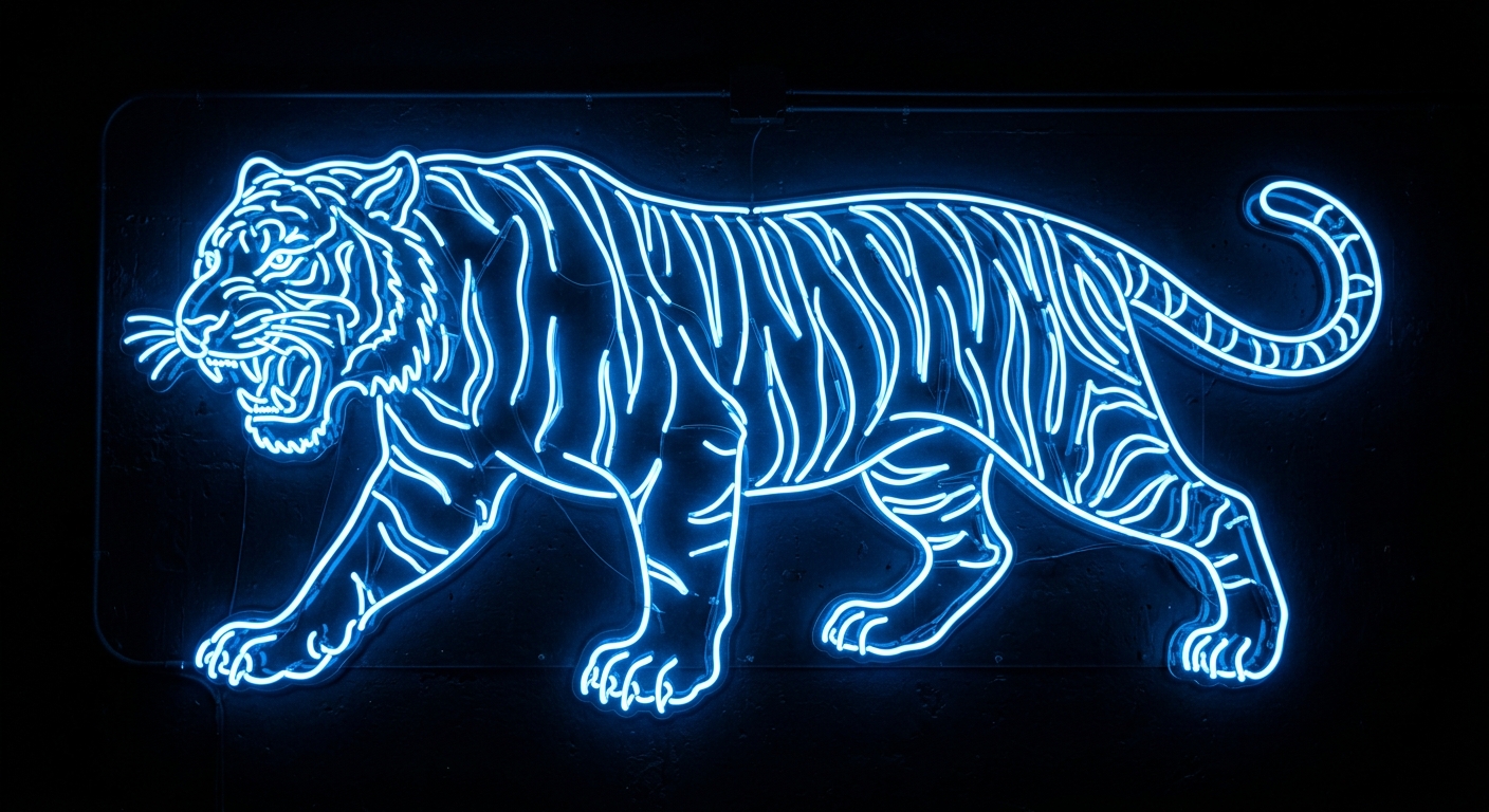 Electronic Neon outline of a tiger in blue with high contrast dark background.