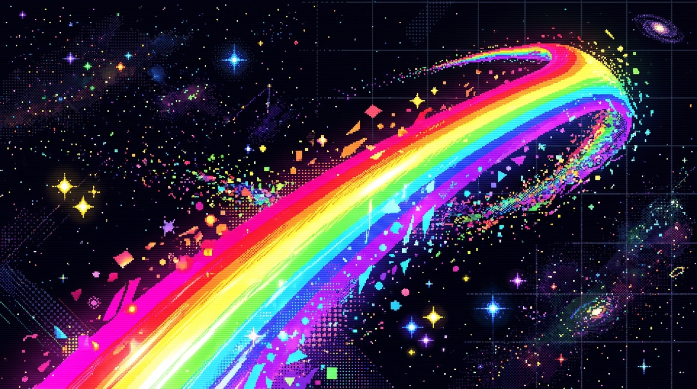 A massive, energetic dynamic swoosh of rainbow light cutting diagonally across a dark cosmic background. The light streak dissolves into floating geometric pixel dust, star clusters, and textured halftones. 16-bit SNES style, vibrant gradient blend, sharp pixel clusters, rhythmic wave motion, retro-futuristic music visualizer aesthetic.