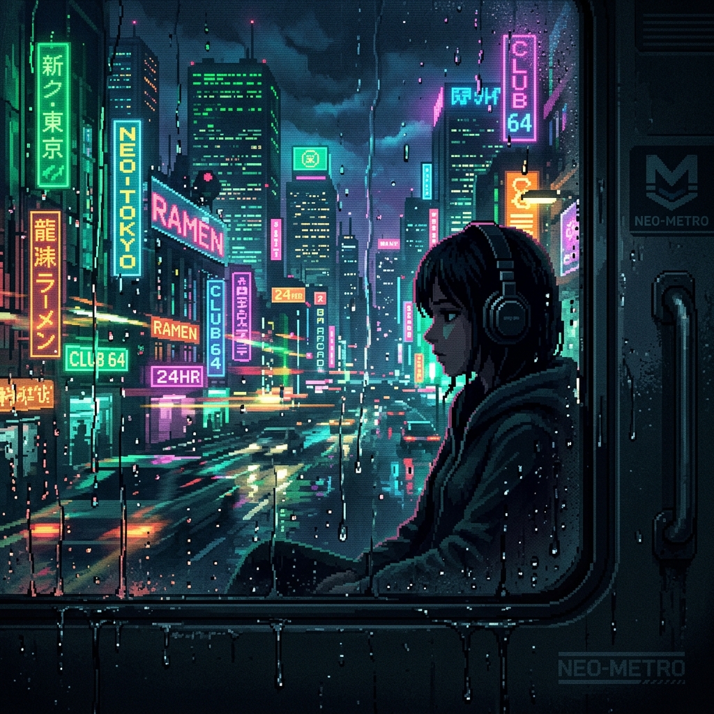 A cinematic album cover art showing a side view of a rainy city train window at midnight. The glass is covered in detailed, dripping pixelated raindrops, reflecting the blurred neon greens and pinks of passing futuristic skyscrapers. A faint, moody silhouette of a person wearing large over-ear headphones is visible in the reflection. 64-bit arcade style, atmospheric lighting, deep parallax layers.