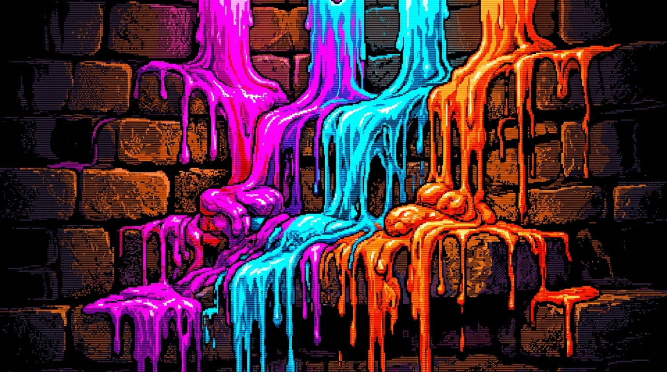 A macro shot of multiple layers of colorful neon candle wax melting and cascading over a rough, textured brick wall. Rivers of hot magenta, electric cyan, and burning orange wax puddle and harden into thick, layered lumps. 16-bit Sega Genesis style, high contrast, harsh shadows, sharp horizontal scanline textures cutting through the wax streams.