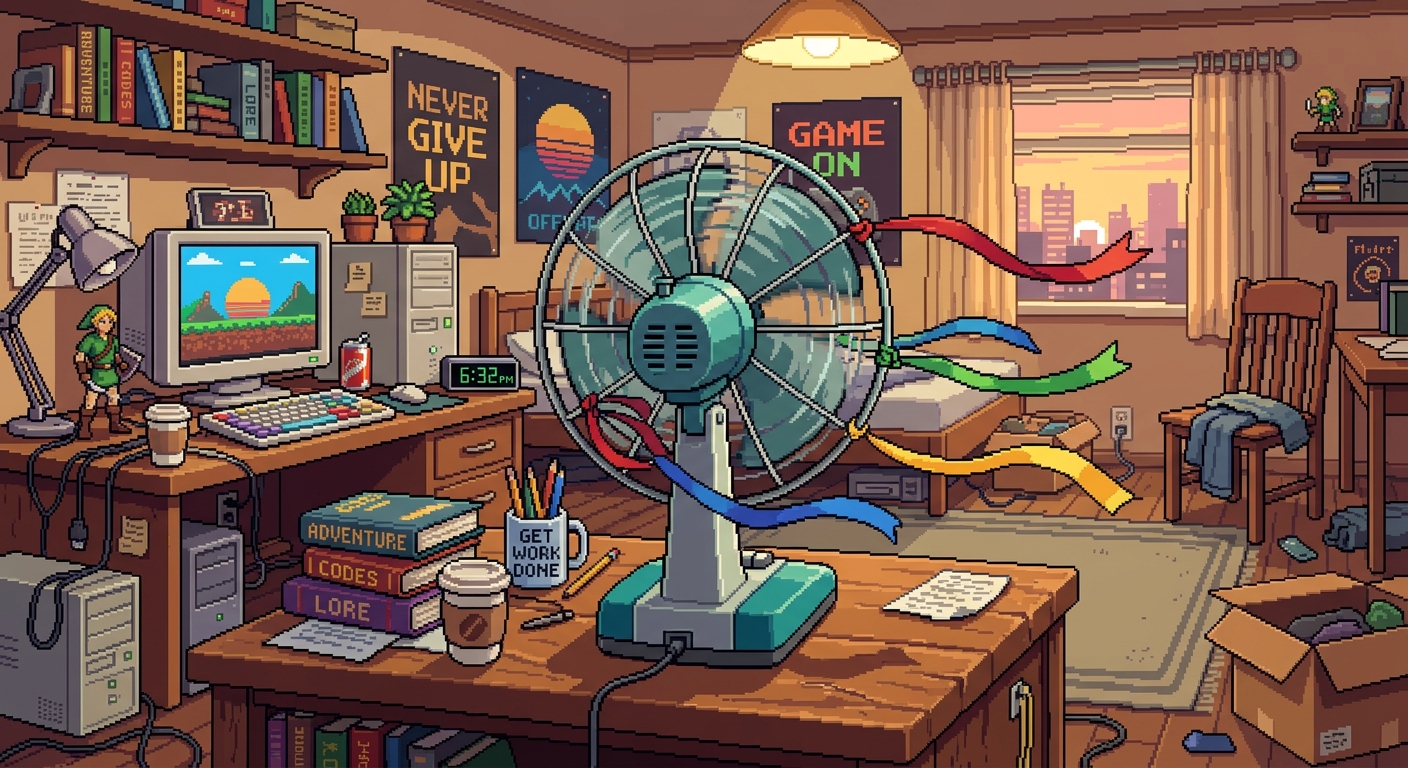 Oscillating fan with ribbons attached to it spinning on a desk in a cluttered room pixel art