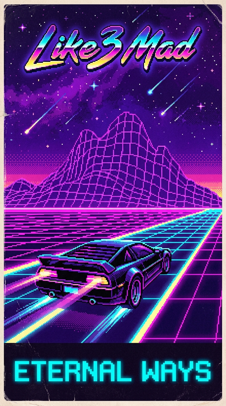 A vertical retro 1980s-inspired arcade poster. A sleek, black futuristic sports car drives down a glowing grid highway that stretches endlessly toward a massive, pixelated purple grid mountain range. The sky is a deep violet nebula with shooting stars. At the top of the poster, stylized pixel text reads "Like3 Mad", and the words "ETERNAL WAYS" glow in neon cyan at the bottom. 16-bit SNES style, vibrant neon colors, dithered shading, nostalgic gaming poster layout.