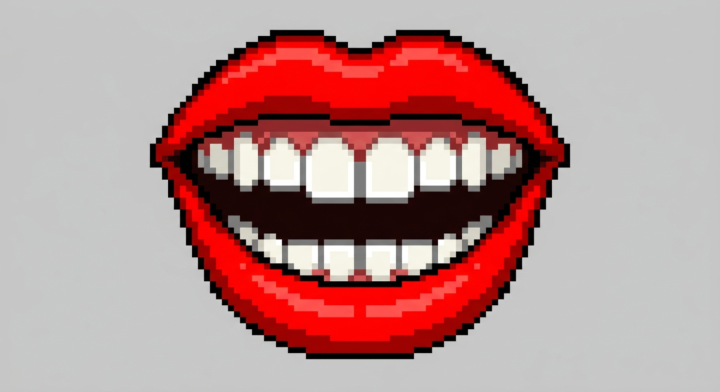 Pixel art of a mouth with big red lips and teeth on a plain background