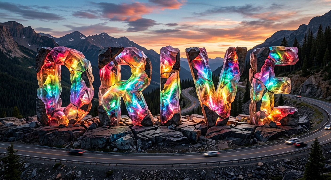 Big bold lettering of the word Drive written in crystal Huge Bolders With internal rock Light rainbow style