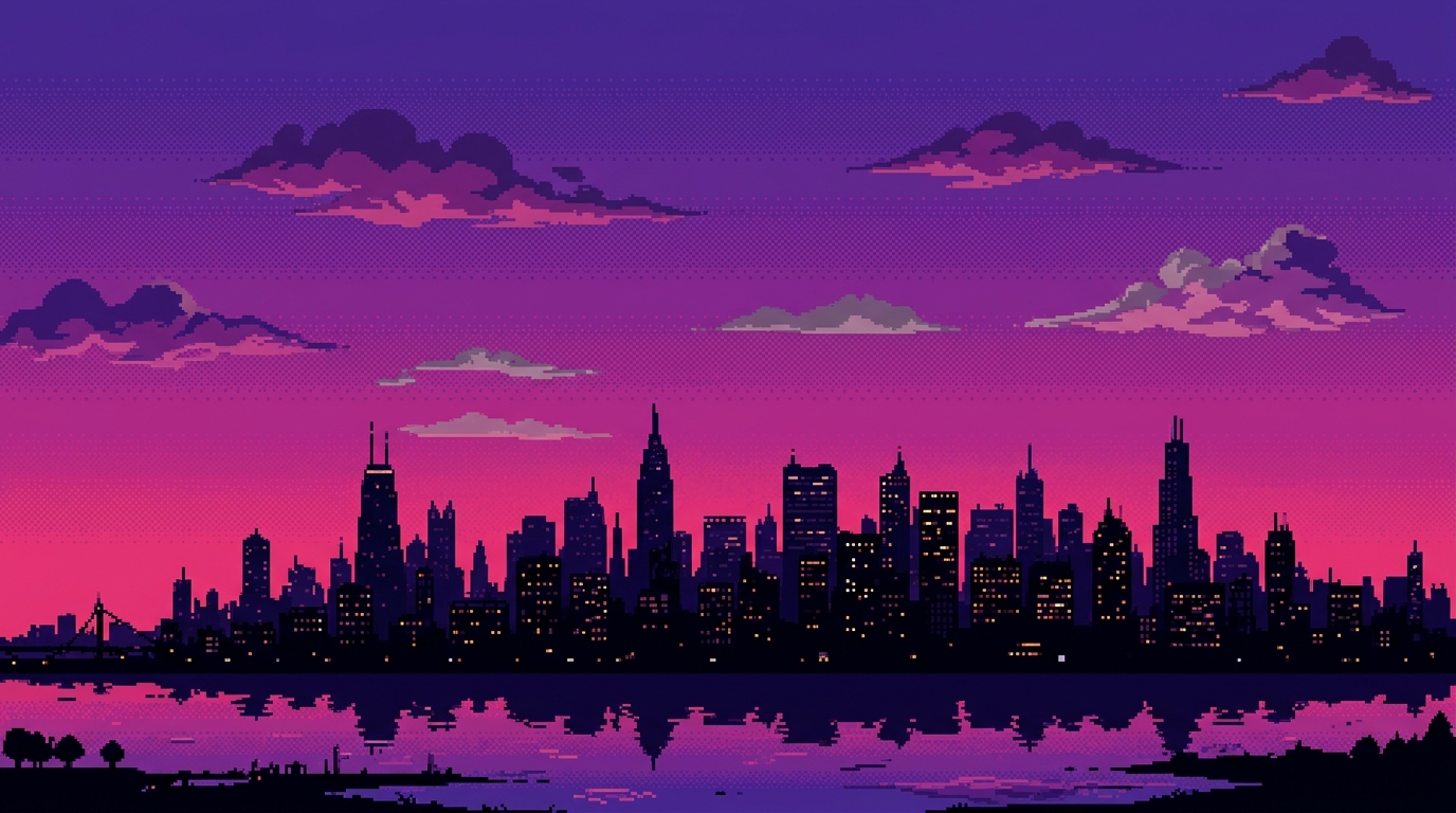 Silhouette of buildings skyline with a purple to pinkish sky with a few odd clouds overhead. 16 bit pixel art