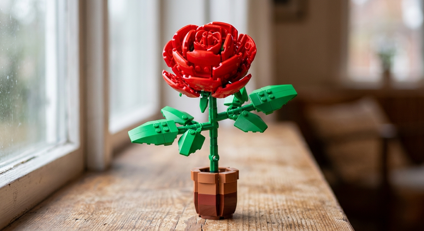 A detailed red rose with green leaves made in lego