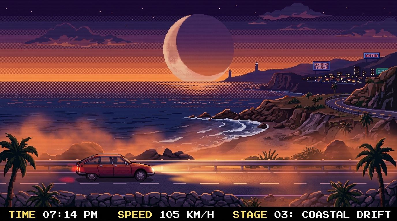 A side-scrolling perspective of a coastal highway at dusk. A classic vintage European hatchback car driving along the shoreline, its headlights cutting through a warm orange and violet mist. In the sky, a massive, slightly faded crescent moon hangs over a calm, dithered ocean horizon. 16-bit Sega Genesis style, retro-futuristic French Touch indie dance aesthetic, smooth parallax background scrolling layout.