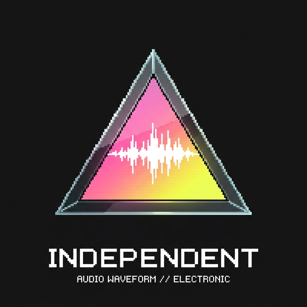 A minimalist electronic music album cover artwork layout. A perfect geometric glass triangle floats over a flat, matte-black background. Inside the triangle, a vivid horizontal gradient of sunset pink and neon yellow ripples like an audio waveform. Clean, blocky typography at the bottom reads "INDEPENDENT" in sharp white text. 32-bit pixel art, ultra-clean pixel clusters, premium Swiss design restraint.